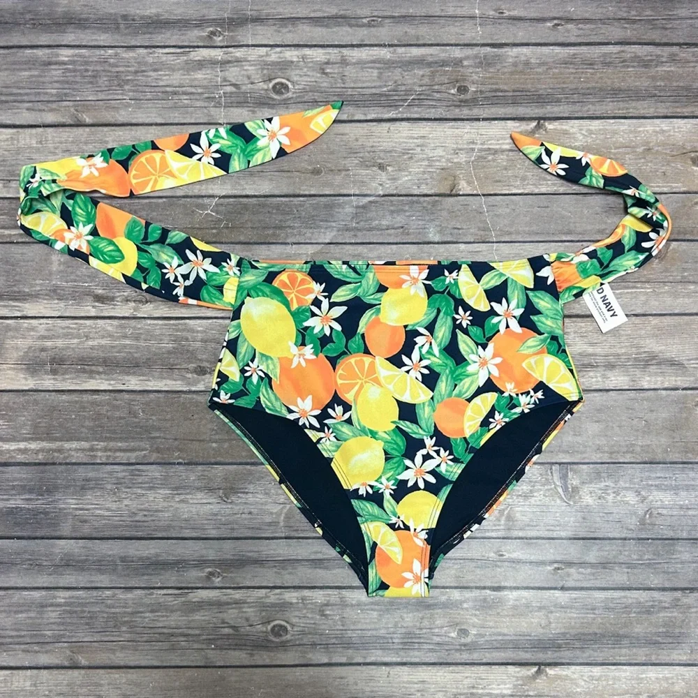 Old Navy Blue Yellow White High Waisted Side Tie Lemons Oranges Bikini Bottom